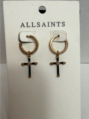 AllSaints Gold Hoop Pierced Earrings with Black Cross Pendants New